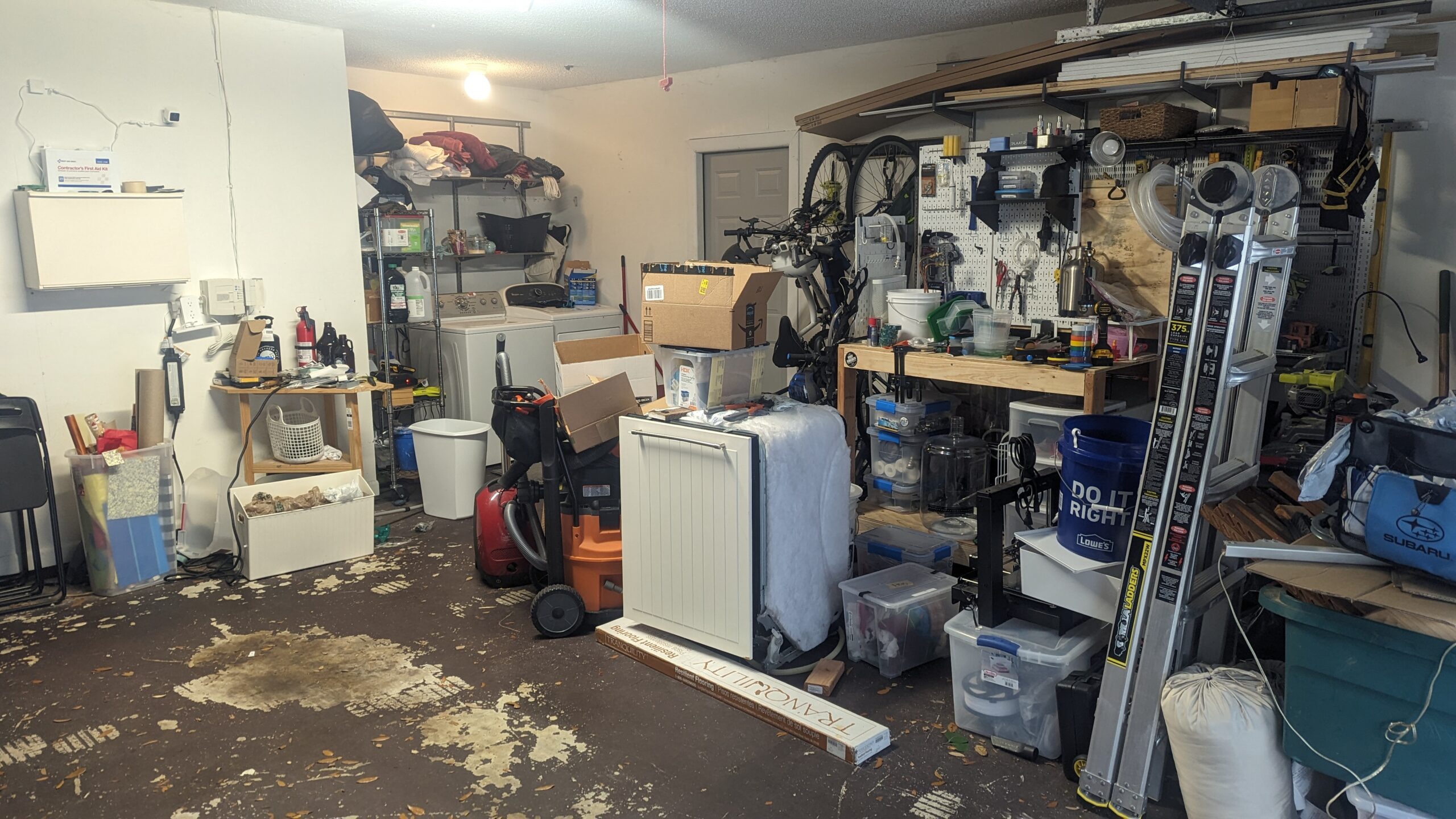 A "before" image of a disorganized garage.