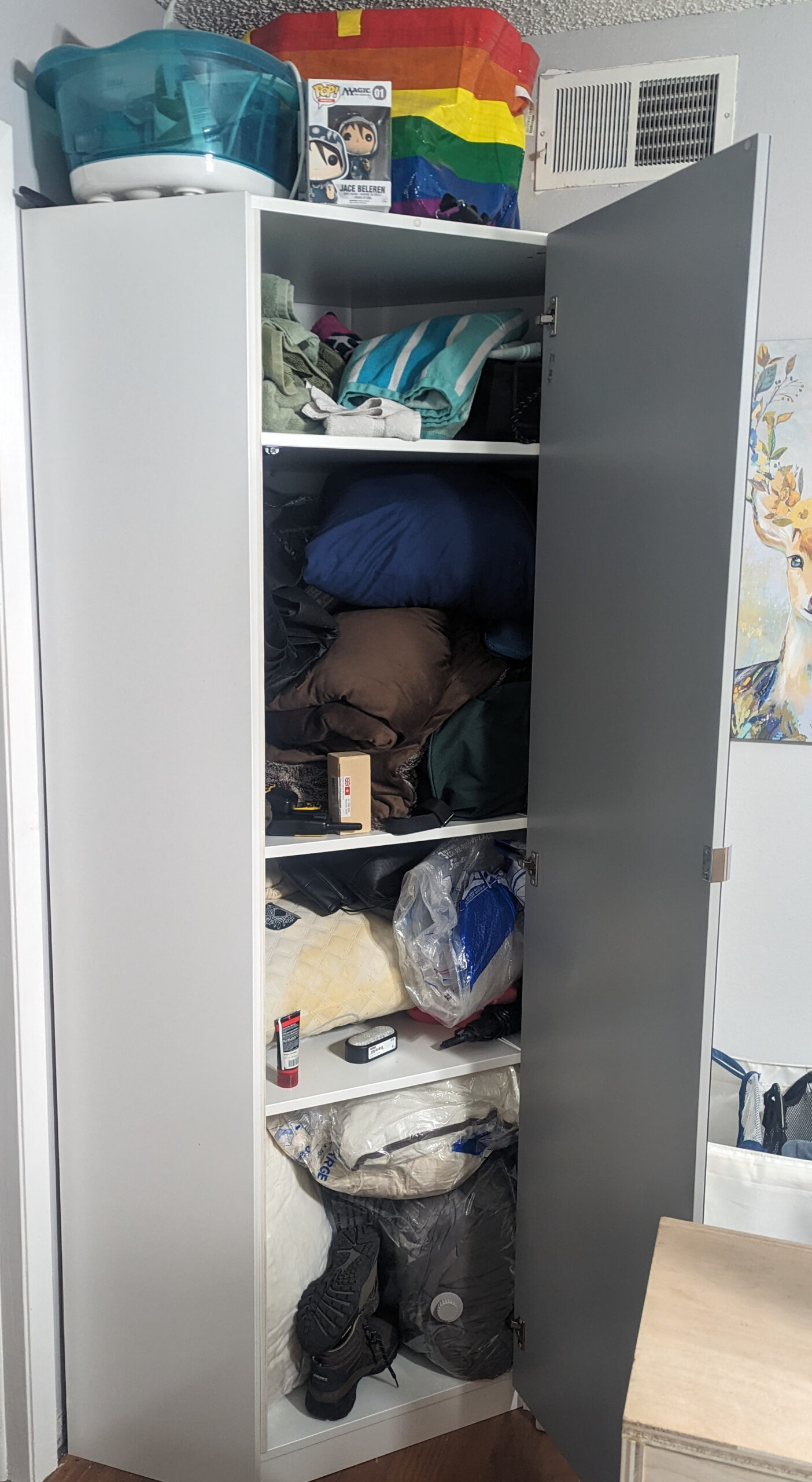 A "before" picture of a cluttered corner cabinet.